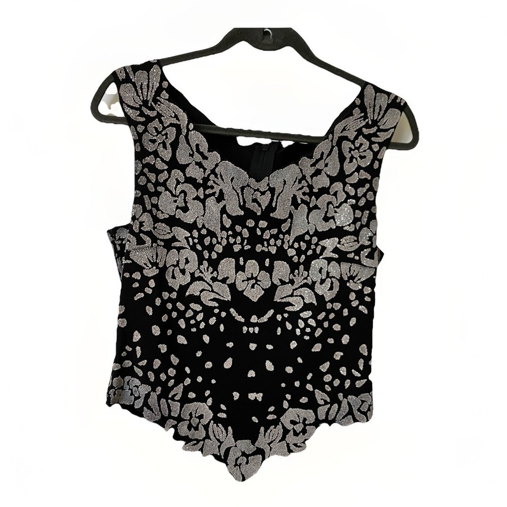 Gilani Womens Size 10 Black Silver Glitter Floral Scalloped Hem Sleeveless Top